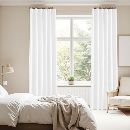 KangBang Pure White Blackout Curtains 90 Inch Length for Bedroom, Light Blocking Hook Belt Pleated Back Tab Soft Thick Linen Curtains for Living Room Nursery 52 Inch Wide by 90 Inch Length,2 Panels