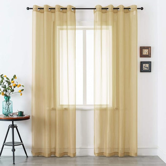DUALIFE Tan Beige Sheer Curtain 120 Inch Length Light Brown Semi Voile Sheer Curtains Drapes for Living Room and Bedroom Window Treatments 2 Panels 52x120 Inches Long Natural Taupe