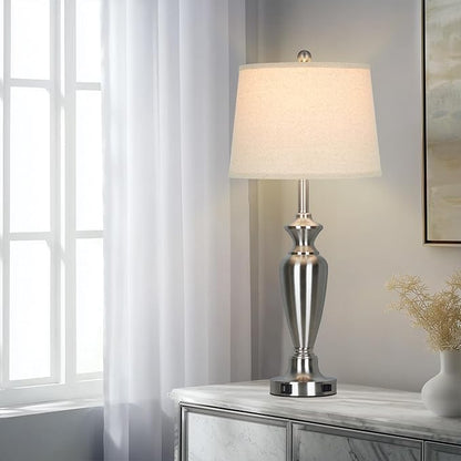 30" Tall Silver Table Lamps Set of 2 for Living Room, 3-Way Dimmable Touch Control Bedside Lamps for Bedroom Nightstand with USB A+C Ports & AC Outlet (2 LED Bulbs Included)