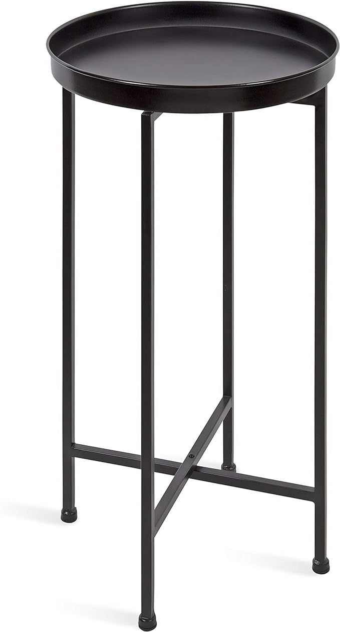 Kate and Laurel Celia Round Metal Foldable Accent Table with Tray Top, Black