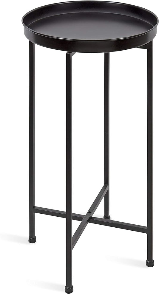Kate and Laurel Celia Round Metal Foldable Accent Table with Tray Top, Black