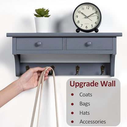 Emfogo Coat Hooks Wall Mounted, Rustic Wood Coat Rack Wall Mount Shelf with Hooks, Farmhouse Wall Coat Rack with Shelf & Coat Hook for Entryway, Mudroom, Bedroom, Kitchen, Bathroom (Gray)