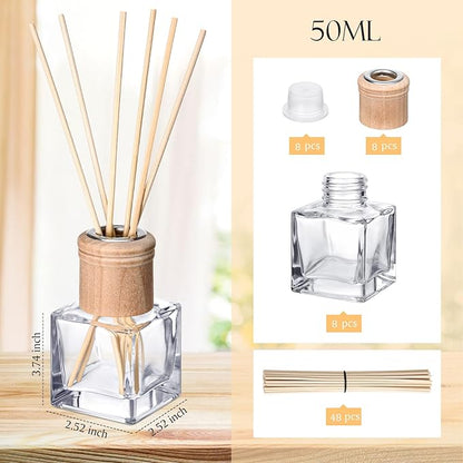 Roshtia 8 Set Reed Diffuser Bottle Empty Refillable Fragrance Glass Diffuser Bottles with Wooden Caps Rattan Sticks 50ml 1.7 oz Glass Jars for DIY Fragrance