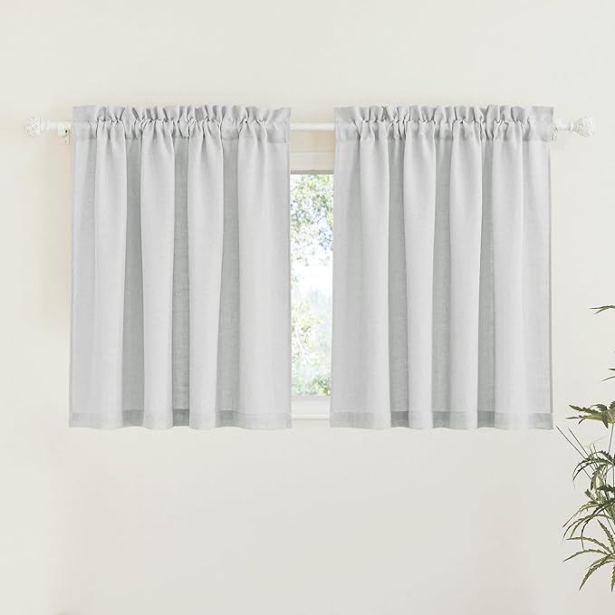 RYB HOME Linen Sheer Curtains for Kitchen, Casual Wave Texture Semi Sheer Curtains for Bedroom/Bath, Privacy Window Curtains for Home Office, Dove Grey, 52 x 45 Each Panel, 2 Pieces