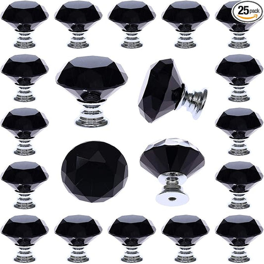 DEELF 25 Packs Kitchen Cabinet Knobs, 30 mm Crystal Cabinet Knobs, Diamond Dresser Handle Drawer Pulls, Dresser Knobs for Cabinets and Drawers, Black
