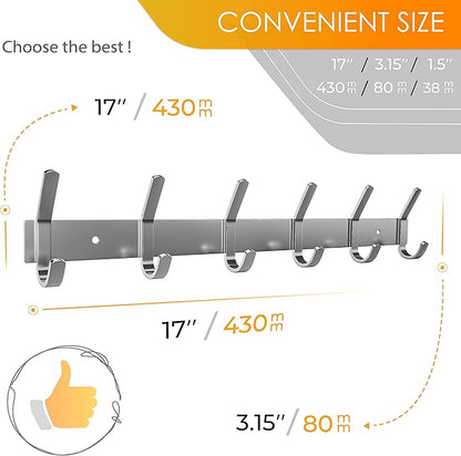 Coat Rack Wall Mount – Brushed Nickel 17 Inch Stainless Steel Hook Rail with 6 Heavy Duty Double Coat Hooks – Wall Mounted Coat Hanger for Entryway, Bathroom, Bedroom, Towel, Hat Organizer