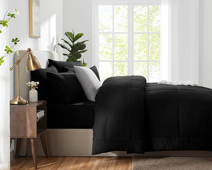 CozyLux Oversized King Comforter Sets Black, 7 Pieces Bed in a Bag, Ultra-Soft All Season Bedding Sets with Stitch Quilted Comforter, Flat Sheet, Fitted Sheet, Pillowcases, Black