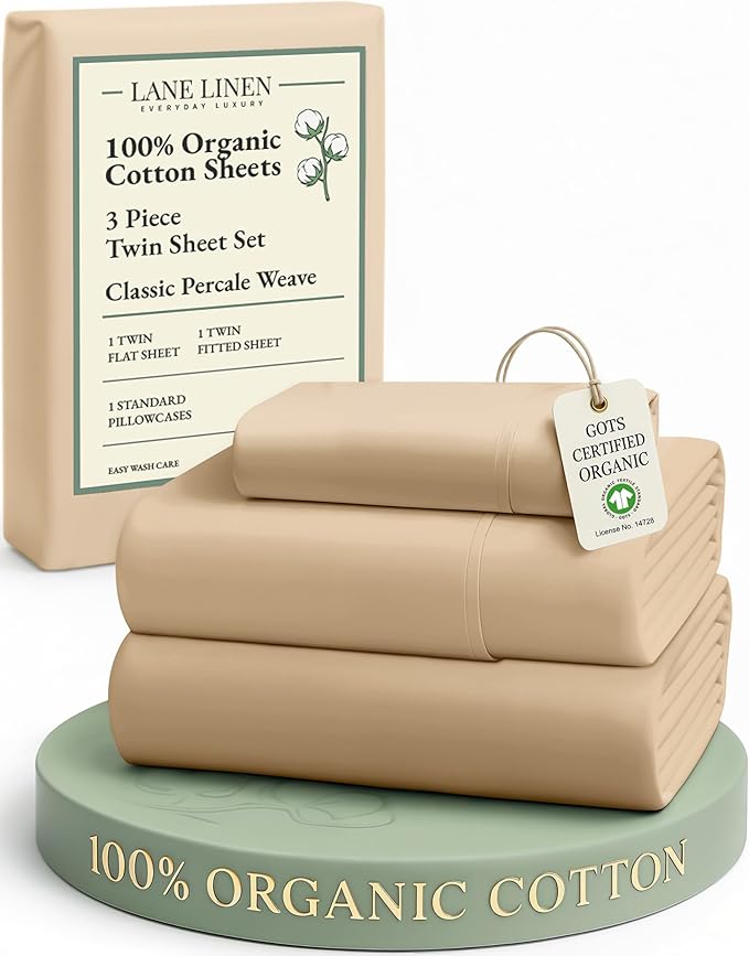 LANE LINEN 100% Organic Cotton Twin Size Bed Sheets, Fully Elasticized Mercerised Cotton Bed Sheet Set, Soft & Comfy Low Pill Face Resistant Bedding Sheets & Pillowcase Set- Linen
