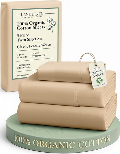 LANE LINEN 100% Organic Cotton Twin Size Bed Sheets, Fully Elasticized Mercerised Cotton Bed Sheet Set, Soft & Comfy Low Pill Face Resistant Bedding Sheets & Pillowcase Set- Linen