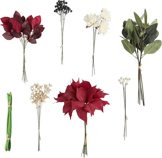Floroom Artificial Greenery Stems Box Set, 41pcs with 7 Kinds of Faux Greenery Flowers Picks for DIY Bridal Bouquets Wedding Floral Arrangement Table Centerpieces, Marsala & Ivory