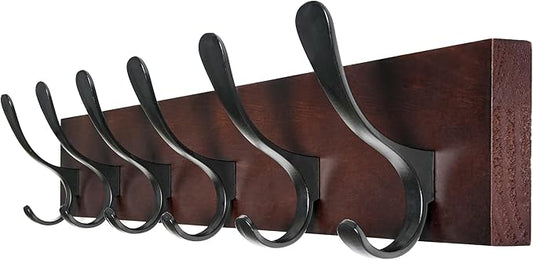 SKOLOO Coat Rack Wall Mount - Wooden Brown Wall Coat Hook, Wall Coat Hanger Rack with 6 Hooks for Hanging Coats, Hats, Clothing, Scarfs, Brown & Black