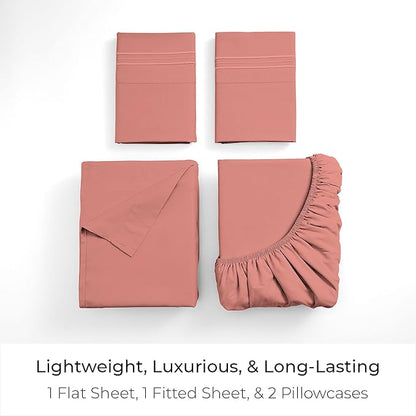 Mellanni Full Sheets Set - 4 PC Iconic Collection Bedding - Hotel Luxury, Extra Soft, Cooling Bed Sheets - Wrinkle, Fade, Stain Resistant (Full, Coral)