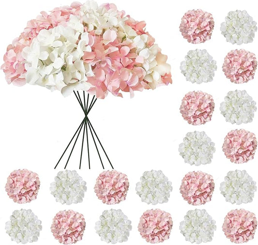 20 Pcs White and Pink Hydrangea Artificial Flowers Bulk, Faux Hydrangea Flowers Heads, Artificial Fake Silk Hydrangea Flowers with Stems, White Flowers Artificial for Decoration Wedding Décor
