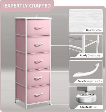 Sorbus Fabric Dresser for Kids Bedroom - Chest of 5 Drawers, Tall Storage Tower, Clothing Organizer, for Closet, for Playroom, for Nursery, Steel Frame, Fabric Bins - Wood Handle (Pink)