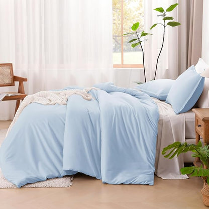 Litanika Comforters Light Blue Full Size, 3 Pieces Lightweight Solid Bedding Comforter Set, All Season Fluffy Bed Set (79x90In Comforter & 2 Pillowcases)