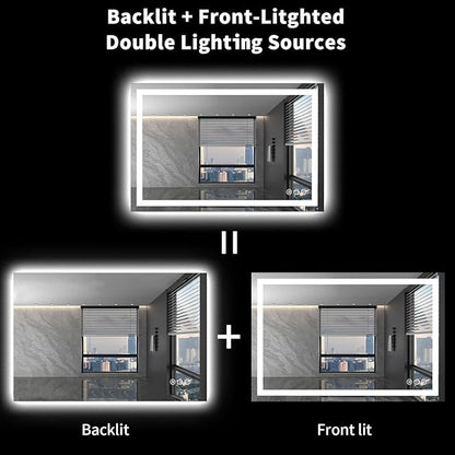 LOAAO 48X36 LED Bathroom Mirror with Lights, Anti-Fog, Dimmable, Backlit + Front Lit, Lighted Bathroom Vanity Mirror for Wall, Shatter-Proof, Memory Function, ETL Listed