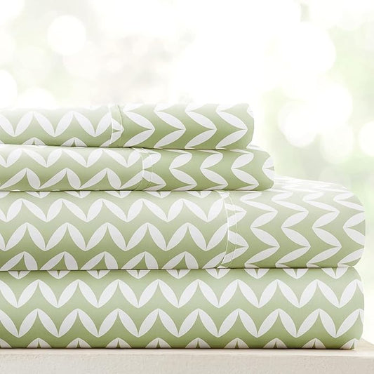 Linen Market Double-Brushed Patterned Microfiber Queen Sheet Set 4 Piece – Oeko-TEX Certified Ultra Soft & Wrinkle-Free - 16" Deep Pocket Sheets - Easy Care Queen Size - Puffed Chevron Sage