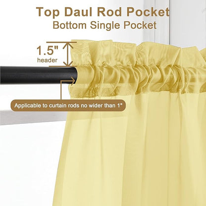 Chyhomenyc Yellow Sheer Curtains 45 Inch Long 2 Panels, Light Filtering Rod Pocket Voile Short Curtains Drapes for Living Room Bedroom Small Windows, 42Wx45L Inches
