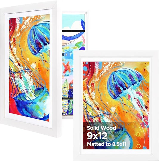 KINLINK 9x12 Kids Art Frames Set of 2, Solid Wood Kids Artwork Frames Changeable with Acrylic Front Opening Holds 150 Pictures, Art Frame for Kids Artwork with Mat or without Mat, White
