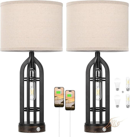 Seealle Table Lamps for Living Room Set of 2 - Black Bedside Lamp for Bedroom with USB C+A & Outlet, Farmhouse Lamps for Night Stands, 3-Way Dimmable Touch Lamps for Living Room with Oat Shade