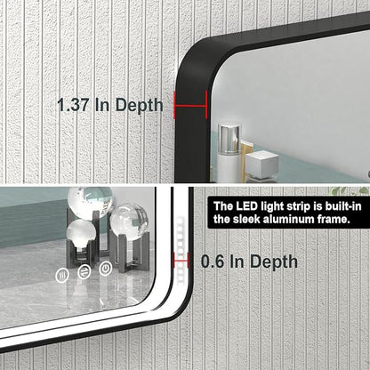 40x28 Inch LED Bathroom Mirror with Lights, Black Metal Framed LED Mirror for Bathroom, 3 Colors and Stepless Dimmable Wall Mounted Lighted Bathroom Vanity Mirror, Anti-Fog, Memory