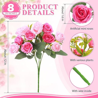 Zeyune 8 Pack 12 Inch Wedding Bouquets for Bride Bridesmaid Pink and Rose Red Artificial Rose Bouquet Fake Silk Roses Flowers Bunches Bulk for Home Office Garden Parties Decoration