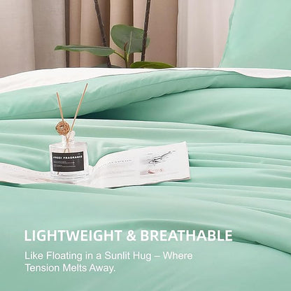 Litanika Comforters Mint Green Queen Size, 3 Pieces Lightweight Solid Bedding Set & Collections, All Season Fluffy Bed Set (90x90In Comforter & 2 Pillowcases)