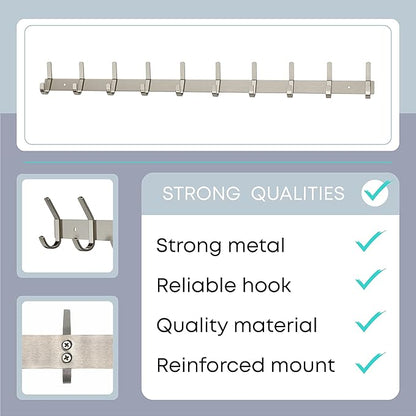 Coat Rack Wall Mount – Brushed Nickel 30 Inch Stainless Steel Hook Rail with 10 Heavy Duty Double Coat Hooks – Wall Mounted Coat Hanger for Entryway, Bathroom, Bedroom, Towel, Hat Organizer