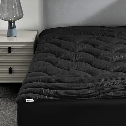 SLEEP ZONE Full Size Cooling Mattress Topper for Double Bed, Premium Zoned Cool Mattress Pad Cover, Padded Mattress Protector Breathable Washable, Deep Pocket 8-21" (Black, Full)