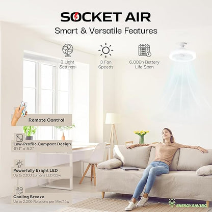 Bell+Howell SocketAir Wireless Ceiling Fan Light with Remote Control, Extender,110-120 Volt, 2100 Lumens, 3 Fan Speeds, 3 Light Settings, 6500K for Living, Dining, Working Space ASON TV