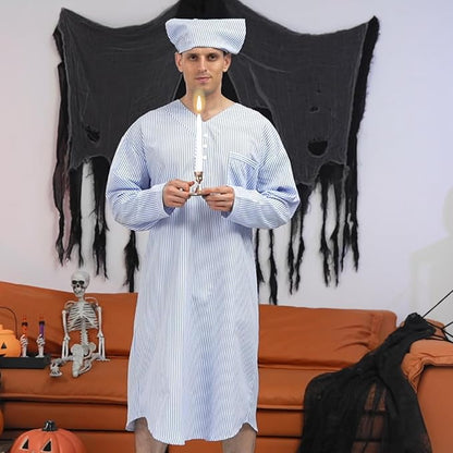 Toulite 4 Pcs Men's Pajama Set Includes Men's Nightshirt Night Sleeping Cap Candle Holder and Candle for Halloween Christmas(Medium)