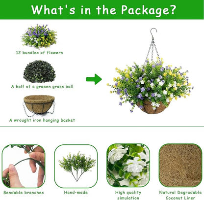 Artificial Hanging Flowers Basket, 12 UV-Resistant Bundles of Realistic Fake Flowers, Faux Plants for Outdoor Decor, Home, Garden, Porch, Patio, Spring & Summer Decorations, Yellow Purple White