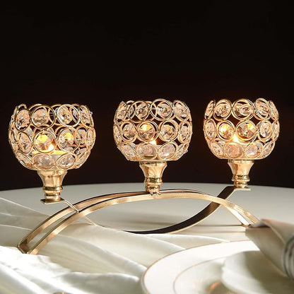 Crystal Tealight Candle Holder Centerpiece Home Decorative Candlestick Holder Elegant Table Centerpiece Home Decor Wedding Party Anniversary (Gold, 3 Arm of 4 Pcs)