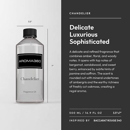 Aroma360 - Chandelier Fragrance Oil Blend | Hotel Inspired for Luxury Essential Oil Diffusers | Aromatherapy Scent Diffuser Oil | Bergamot, Woodsy Sandalwood, and Flirtatious Saffron - 500ML