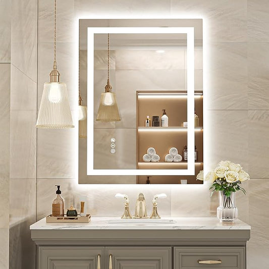 USHOWER LED Bathroom Mirror 24x32 Inch with Lights - Frameless Tempered Glass LED Backlit Lighted Mirror for Bathroom Vanity with Anti-Fog, 3 Colors Dimmable, Memory Function, Wall-Mounted