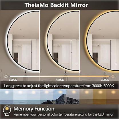 32" LED Backlit Bathroom Vanity Mirror, Wall Mounted Round Makeup Shaving Mirror with 45° Beveled Metal Frame Design, HD Waterproof&Explosion-Proof Smart Mirror, Memory Function, Black