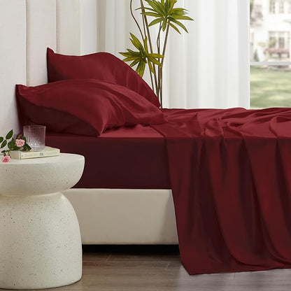Love's cabin 4Piece California King Satin Bed Linen Set, Burgundy Silky Satin Sheets, Deep Pocket, Luxury Silk Feel, 1 Flat, 1 Fitted Sheet, 2 Pillow Cases