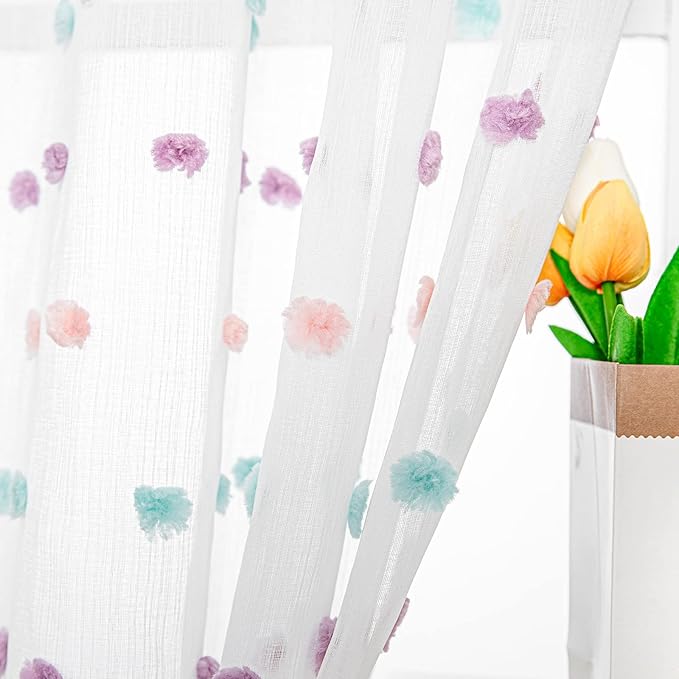 MYSKY HOME Rainbow Pom Pom Curtains Nursery Curtains for Girls Bedroom 63 Inch Length Long Window White Sheer Curtains for Kids Room Rod Pocket Farmhouse Window Drapes 2 Sets 38" x 63"