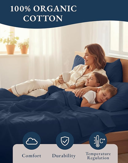 LANE LINEN 100% Organic Cotton Sheets Twin Size, Mercerized Cotton Fully Elasticized Soft & Comfy Bedding Sheets & Pillowcase Set, Good for Dorm Room, Deep Pocket Fully Elasticized Sheet- Navy