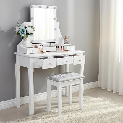 BEWISHOME Makeup Vanity Desk with Lights,Girls Vanity Set with Mirror and Stool,Small Vanity Desk with 5 Drawers,3 Light Settings,Adjustable Brightness,Dressing Table for Bedroom,White FST08W