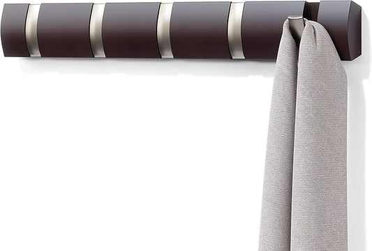 Umbra Flip Wall-Mounted Coat Rack with 5 Hooks – Modern, Space-Saving Storage for Hats, Jackets, Bags, Entryway, Mudroom, Closet, Bathroom, Bedroom – Espresso/Nickel