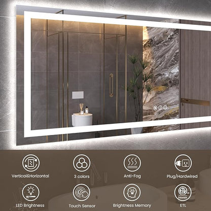 60"X40" LED Bathroom Mirror with Front Lights and Backlit, Anti-Fog, Dimmable, Shatter-Proof Tempered Glass, Lighted Bathroom Vanity Mirror for Wall with 3 Colors, Memory Function