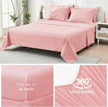 HYMOKEGE Rose Pink California King Comforter Set Seersucker 7 Pieces, All Season Luxury Bed in a Bag for Bedroom, Bedding Set with Comforter, Sheets, Pillowcases & Shams