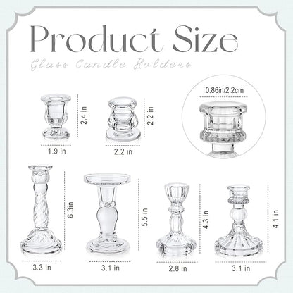 Mumufy 6 Pcs Glass Crystal Taper Candle Holders Clear Glass Candlestick Holder Fit 0.8 Inch Candles Crystal Decorative Candle Stand Centerpiece Table Wedding Dining Party (Simple,Clear)
