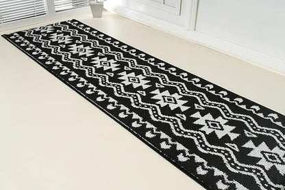 Custom Length Cut to Size Tribal Ethnic Southwestern Inspired Hallway Runner Rug, Non Slip Rubber Backed, 31 inch Wide X Customized Length, Aztec Black, 31 inch X 7 feet