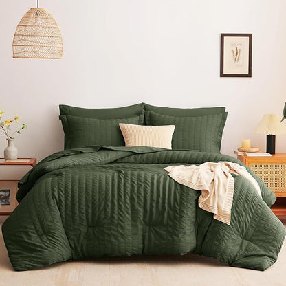 CozyLux Full Size Comforter Sets with Sheets Seersucker 7 Pieces Olive Green Bed in a Bag Textured Luxury Soft Bedding Set with Down Alternative Comforter, Sheets, Pillowcases & Shams for All Seasons