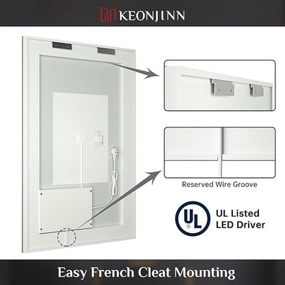 Keonjinn Large Bathroom Mirror with Light, 42 x 36 Inch LED Mirror for Bathoom, Frontlit Only, HD Tempered Glass, UL-Listed LED Driver, Anti-Fog, Dimmale 6000K, Easy Installation(Horizontal/Vertical)