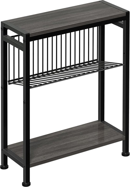 End Table for Small Space, 3-Tier Narrow Side Table with Magazine Holder,Slim Nightstand, Skinny Snack Couch Table in Living Room, Bedroom Study and Balcony (Grey)