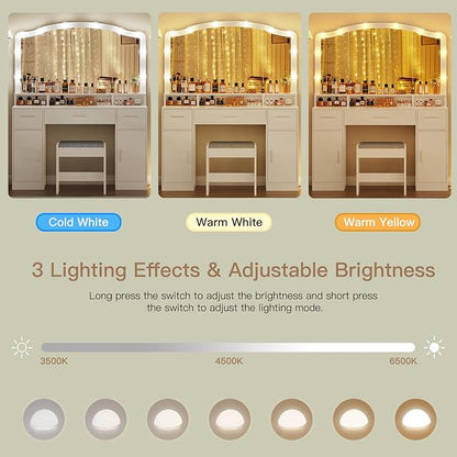 usikey 43.3” Vanity Desk with Large Mirror and Lights, Makeup Vanity with 3 Lighting Color Adjustable, Dressing Table Set with Storage Cabinet, Drawers and Chair for Girls Bedroom, White