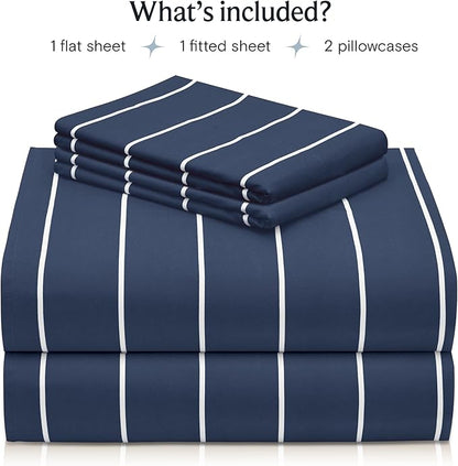 LuxClub 4 PC Queen Size Sheet Set Bed Sheets, Breathable Luxury Deep Pockets Wrinkle Free Cooling Sheets Machine Washable Hotel Bedding (Queen, Striped Navy)
